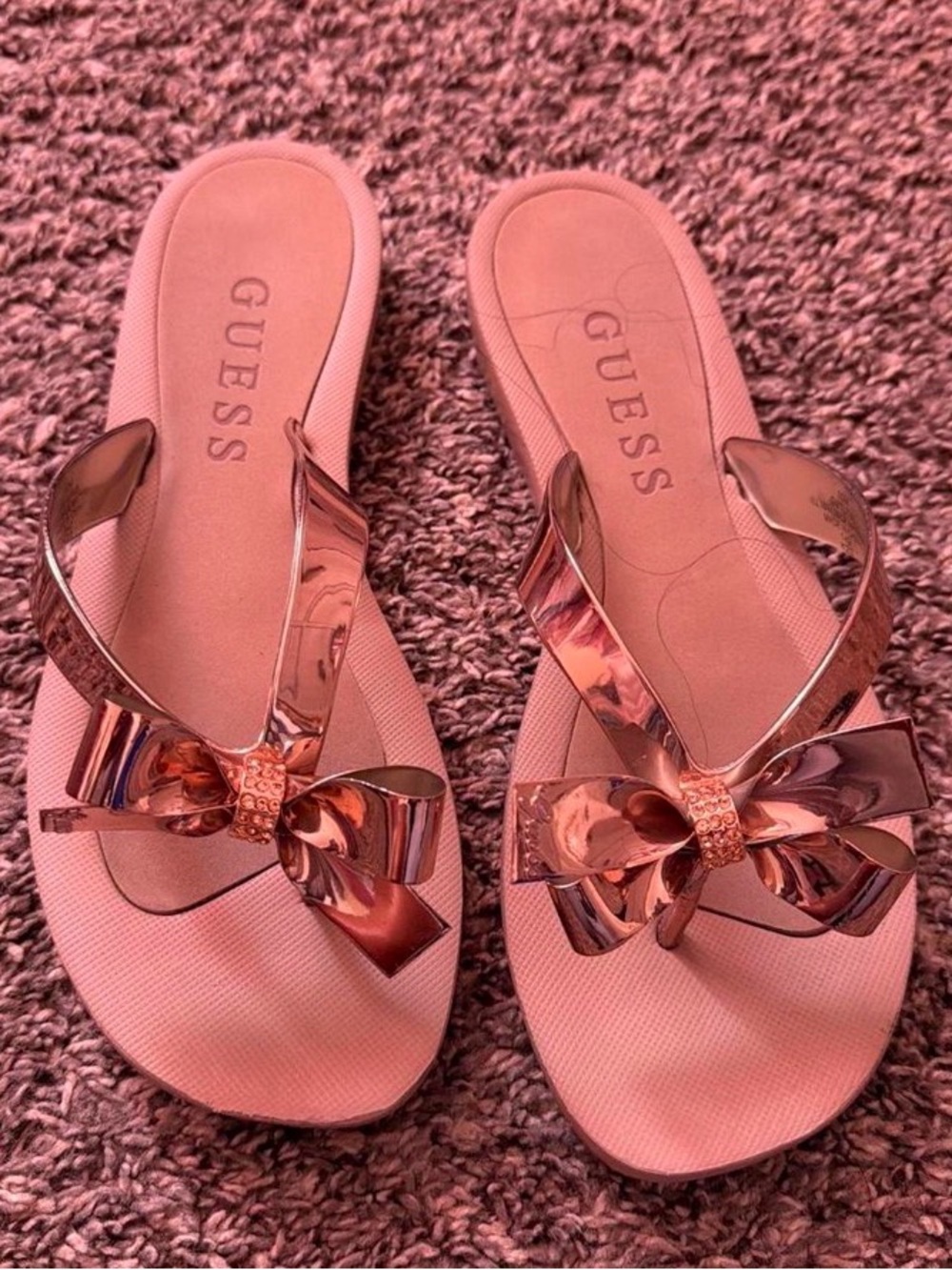 GUESS Rose Gold Bow Slide Sandals in Blush Pink